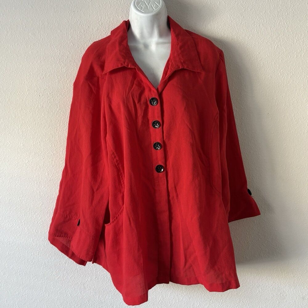 Ali Miles Tunic Blouse Top Womens 2X Red Button Front High-Low Hem Pockets